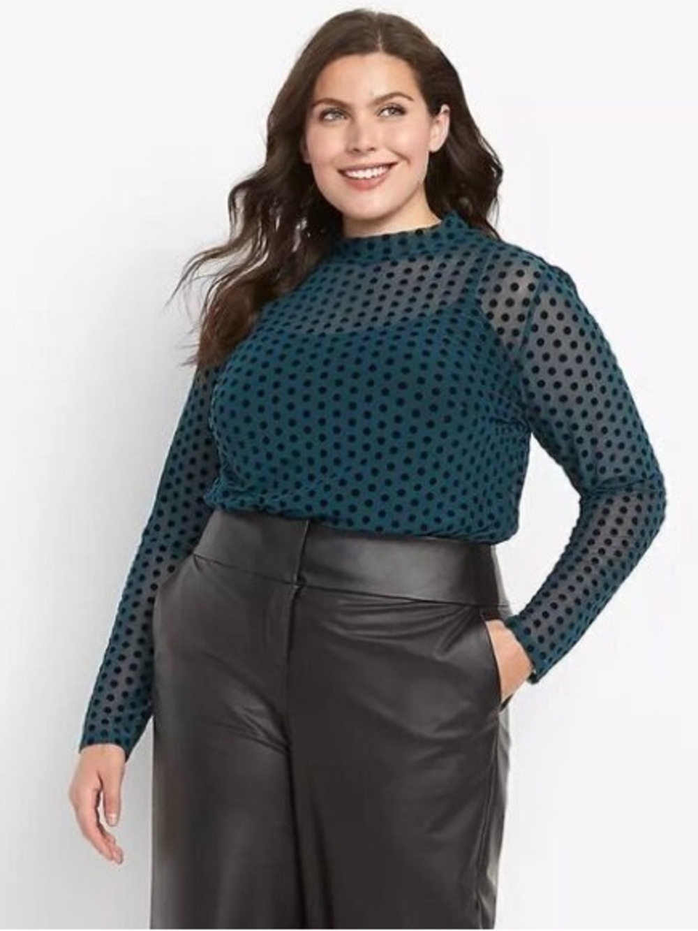 Lane Bryant Teal Velvet Polka Dot Sheer Mesh Mock Neck Top 18/20